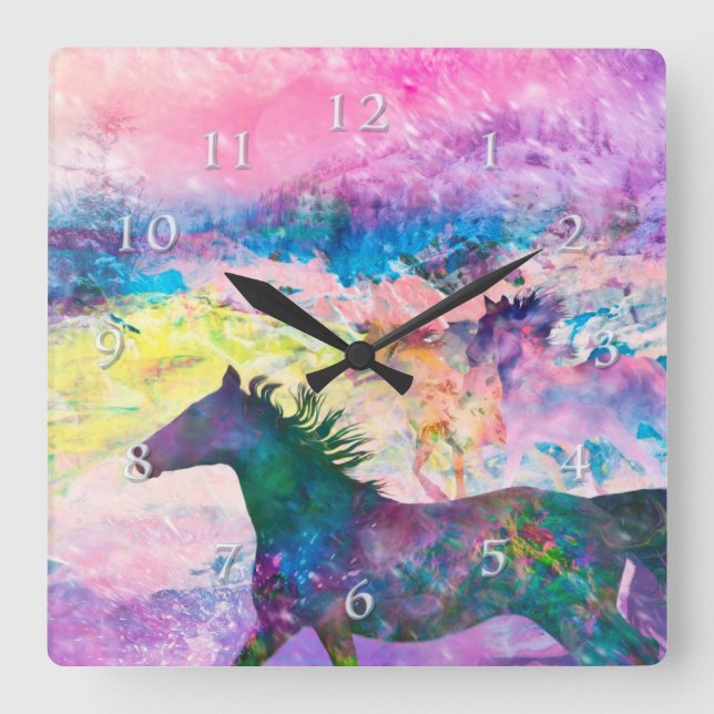 Horloge Carrée Wild Horse Spirits WE ARE The LAND (Recto)