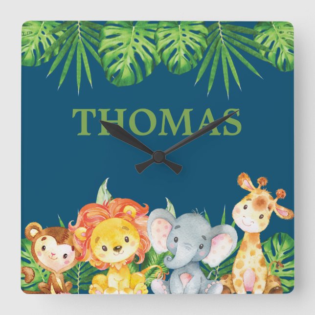 Horloge Carrée Wild Jungle Animaux Safari Garçon Enfants Nursery  (Recto)
