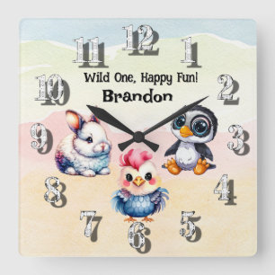 Horloge Carrée Wild One Happy Fun Woodland Animaux Aquarelle