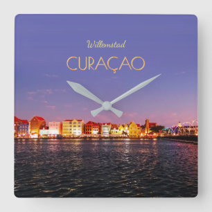 Horloge Carrée Willemstad Skyline à la nuit (personnalisable) Hor