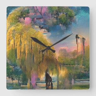 Horloge Carrée Willow d'or au coucher du soleil près de l'étang a