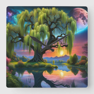 Horloge Carrée Willow tree under Pleine lune N Starry ciel Sunset