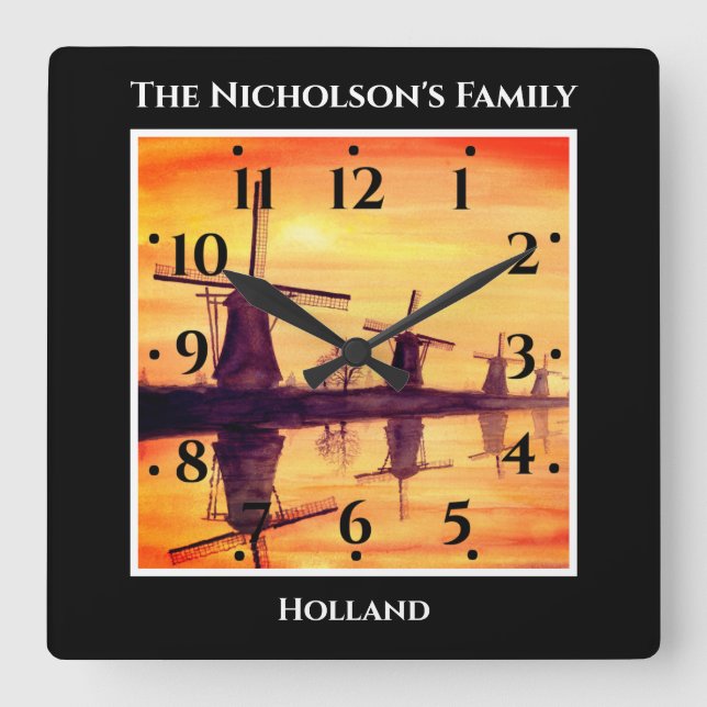 Horloge Carrée Windmills Sunset Kinderdijk - Watercolor Painting (Recto)