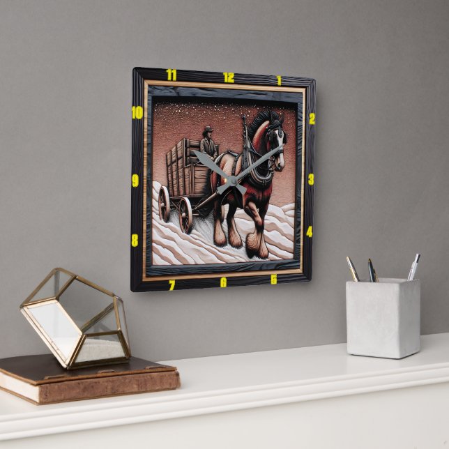 Horloge Carrée Winter Haul : Bois Charred sur mesure Clydesdale (Bureau)