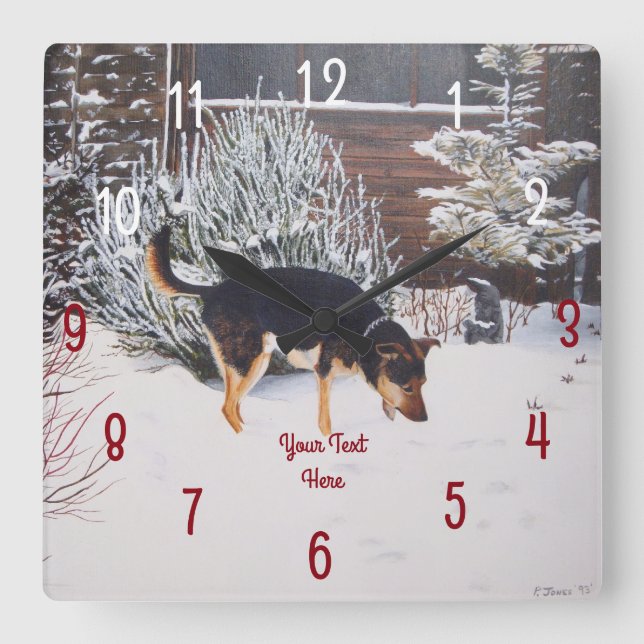 Horloge Carrée Winter snow scene with cute black and tan dog (Recto)