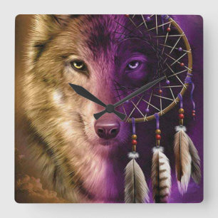 Horloge Carrée Wolf et Dream Catcher