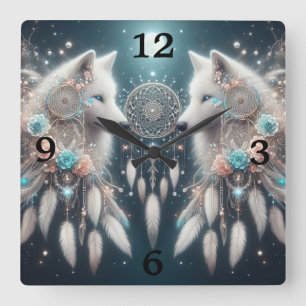 Horloge Carrée Wolf et Dreamcatchers de style bohémien