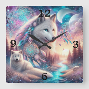 Horloge Carrée Wolf et Dreamcatchers de style bohémien
