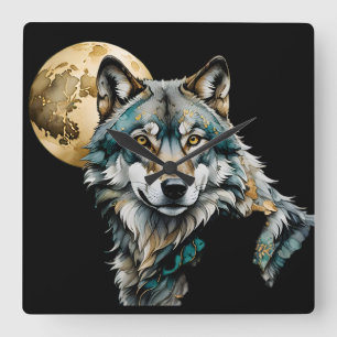 Horloge Carrée Wolf et Gold Moon