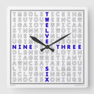 Horloge Carrée Word Search Clock with downloadable puzzle (blue)