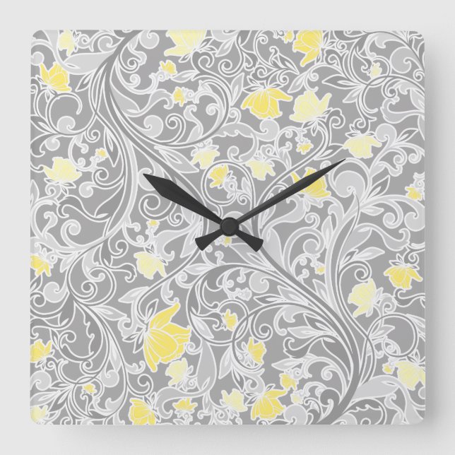 Horloge Carrée Yellow and Gray Swirly Floral (Recto)