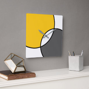 Horloge Carrée Yellow Gray White Circles
