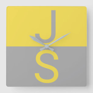 Horloge Carrée Yellow & Grey Modern Initials monogram