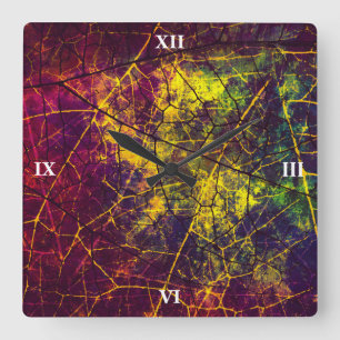 Horloge Carrée Yellow Purple Blue Crackle Lacquer Grunge Pattern