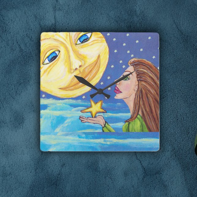 Horloge Carrée Yellow Souriant Lune Face Stars Imaginaire Femme (Woman holding star looking at yellow moon with face on blue night sky clouds on wall square clock.)