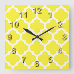 Horloge Carrée Yellow White Moroccan Quatrefoil Pattern #5