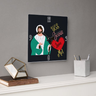 Horloge Carrée "Yes, Jesus Loves Me!" Black Square Wall Clock