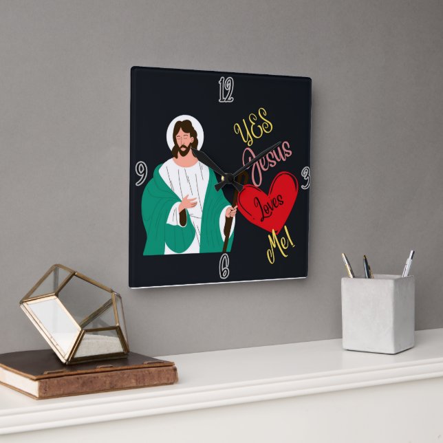 Horloge Carrée "Yes, Jesus Loves Me!" Black Square Wall Clock (Bureau)