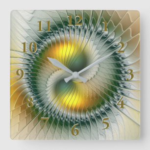Horloge Carrée Yin Yang Vert Jaune Abstrait Fractal Coloré