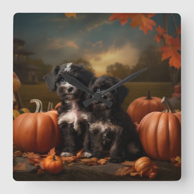 Horloge Carrée Yorkipoo Chiot Automne Citrouille délice (Recto)