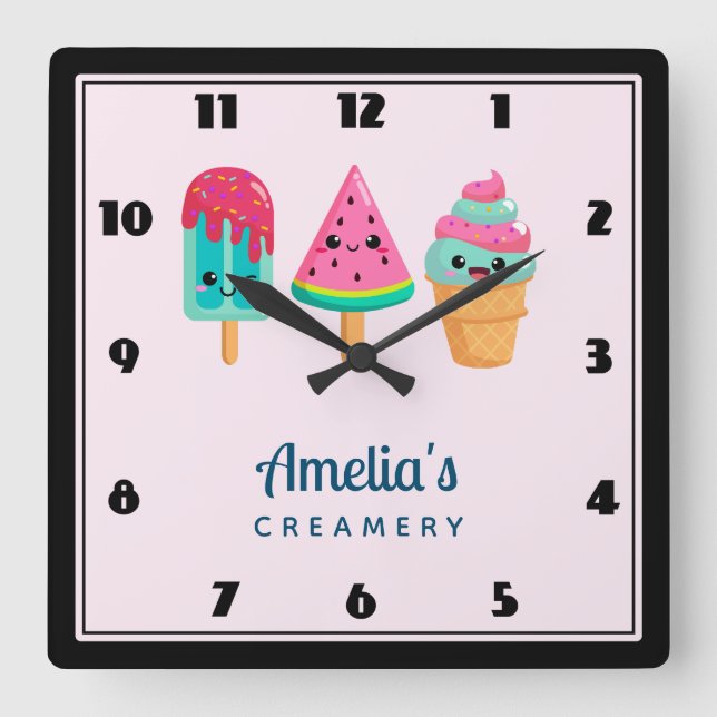Horloge Carrée Yummy Ice Cream Trio Summer Vibe Cuisine d'affaire (Recto)