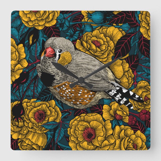 Horloge Carrée Zebra finch et buisson rose (Recto)