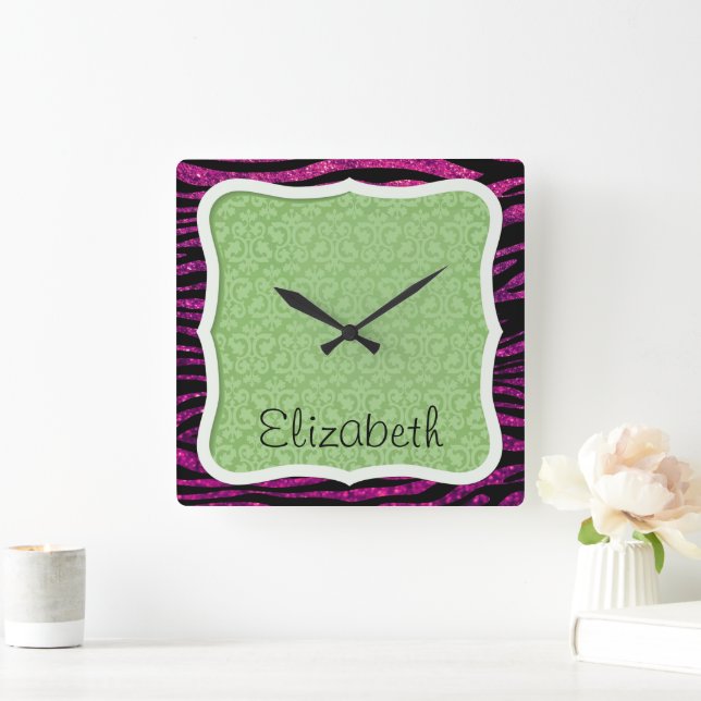 Horloge Carrée Zèbre rose, Zèbre Parties scintillant, Zèbre Impri (Maison)