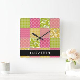 Horloge Carrée Zigzag, Chevron, Pois, En vichy, Votre Nom