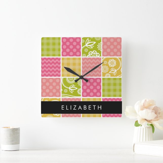 Horloge Carrée Zigzag, Chevron, Pois, En vichy, Votre Nom (Maison)