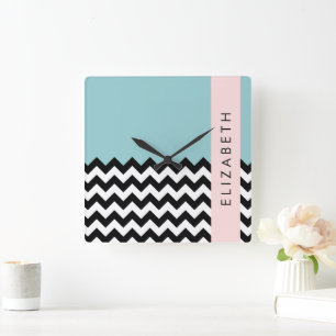 Horloge Carrée Zigzag noir et blanc, Chevron, Bleu, Votre nom