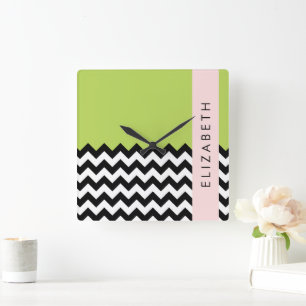 Horloge Carrée Zigzag noir et blanc, Chevron, Vert, Votre nom