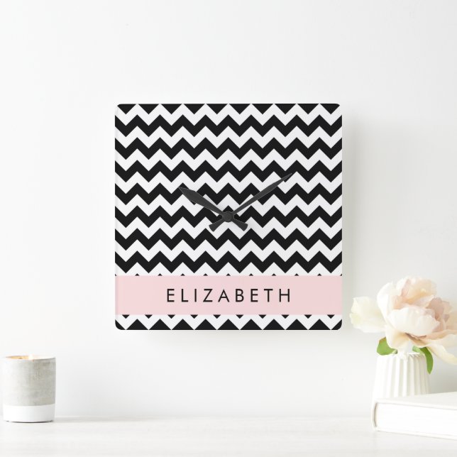 Horloge Carrée Zigzag noir et blanc, Motif Chevron, Votre nom (Maison)