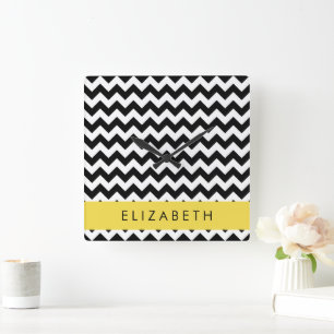 Horloge Carrée Zigzag noir et blanc, Motif Chevron, Votre nom