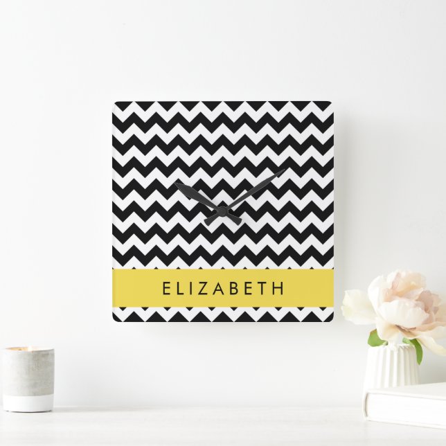 Horloge Carrée Zigzag noir et blanc, Motif Chevron, Votre nom (Maison)