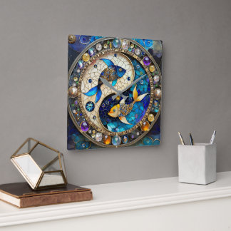 Horloge Carrée Zodiac - Poissons de poisson Yin et Yang