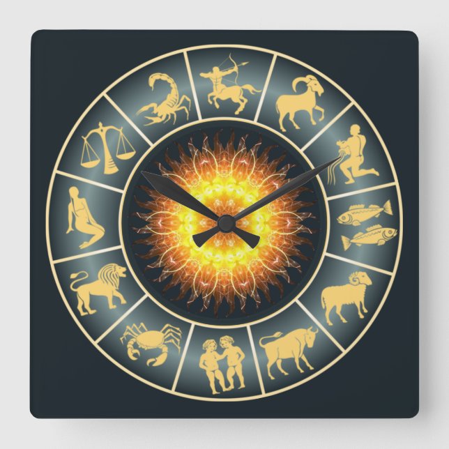 Horloge Carrée Zodiac ~ Soleil grillé ~ Astrologie occidentale ~ (Recto)