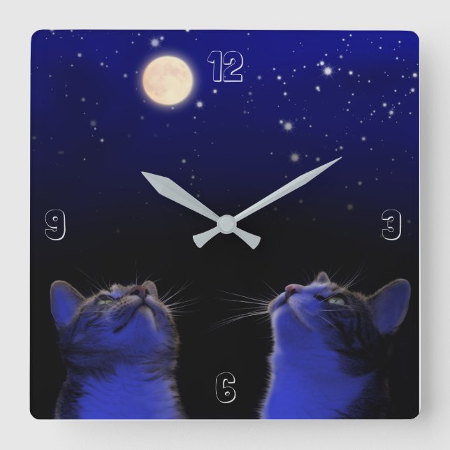 Horloge Carrée Zwei Katzen beobachten Mond und Sterne (Recto)