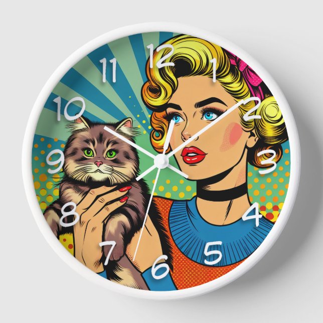 Horloge Cartoon Comic Pop Art Femmes tenant un chat (Recto)