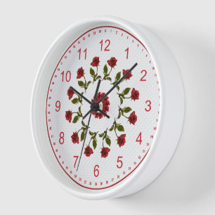 Horloge Cercle floral des roses rouges, motif blanc de