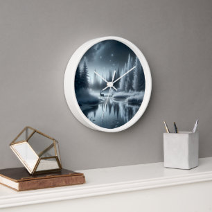 Horloge Cerf dans une rivière hivernale la nuit