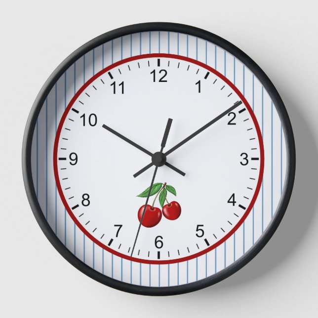 Horloge Cerises Rouges sur Rayures Bleues Cadre de Style R (Recto)