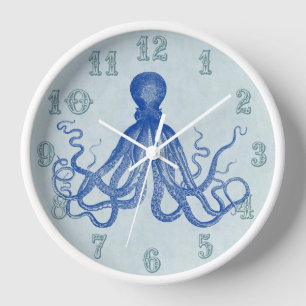 Horloge Chambre de plage nautique de poulpe bleu vintage