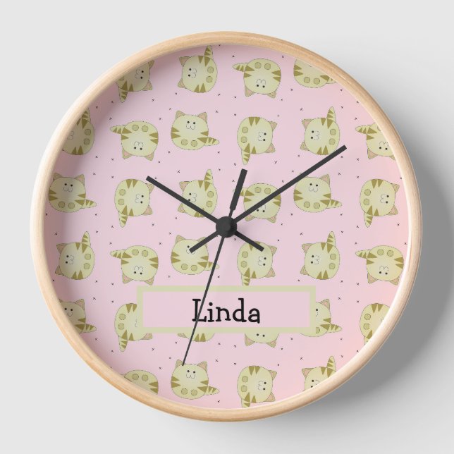 Horloge Chat brun mignon motif rose (Recto)