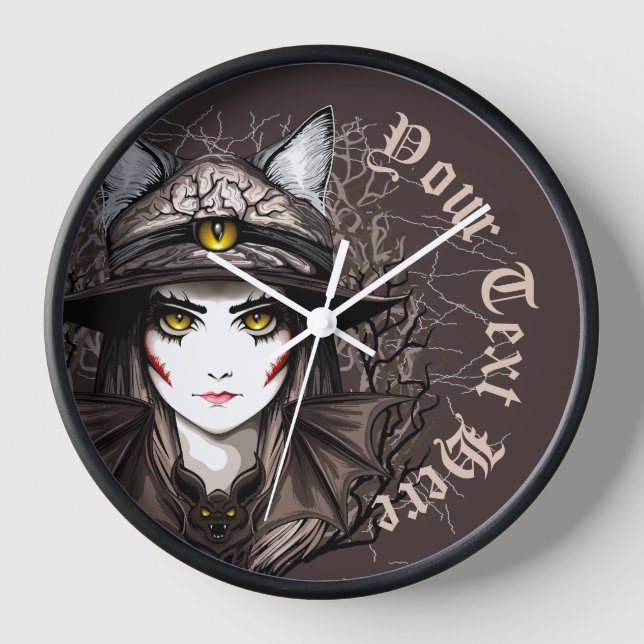 Horloge Chat de sorcière Halloween Déplaisant Portrait mig (Recto)