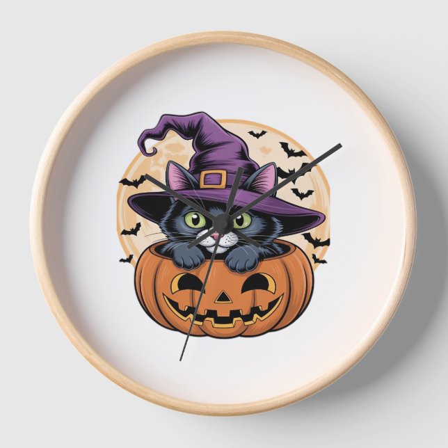 Horloge Chat Halloween Citrouille Chat noir T-shirt surdim (Recto)