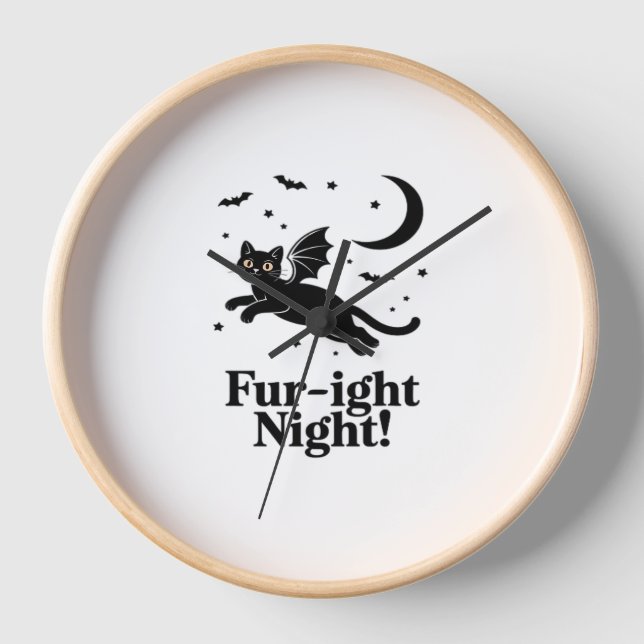 Horloge Chat noir d'Halloween avec ailes de chauve-souris  (Recto)