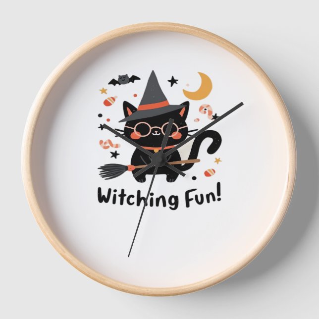 Horloge Chat noir sorcier amusant avec chambre - Jolie Hal (Recto)