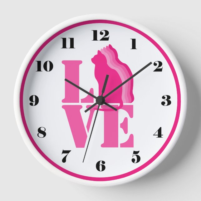 Horloge Chat rose cinglé en silhouette, AMOUR, avec des no (Recto)