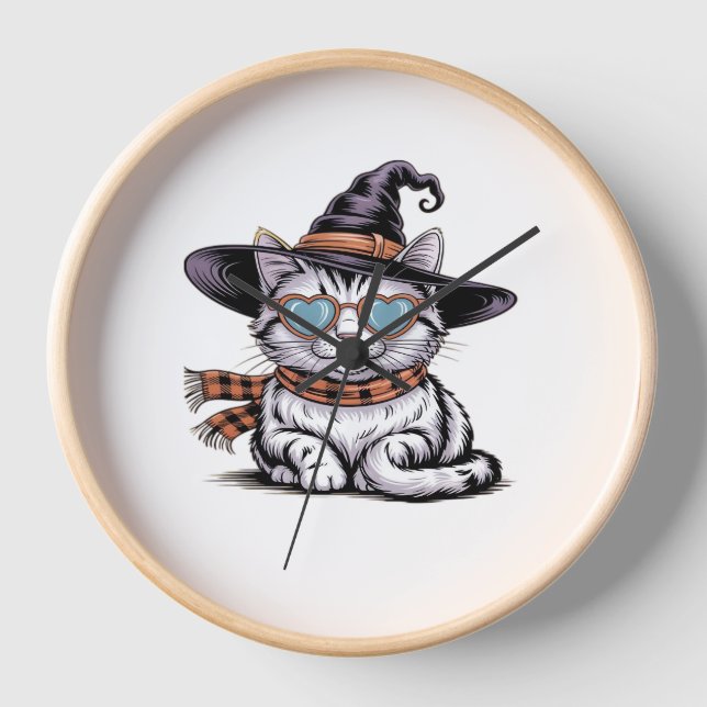 Horloge Chat sorcière cool - Cute Halloween Kitty avec coe (Recto)