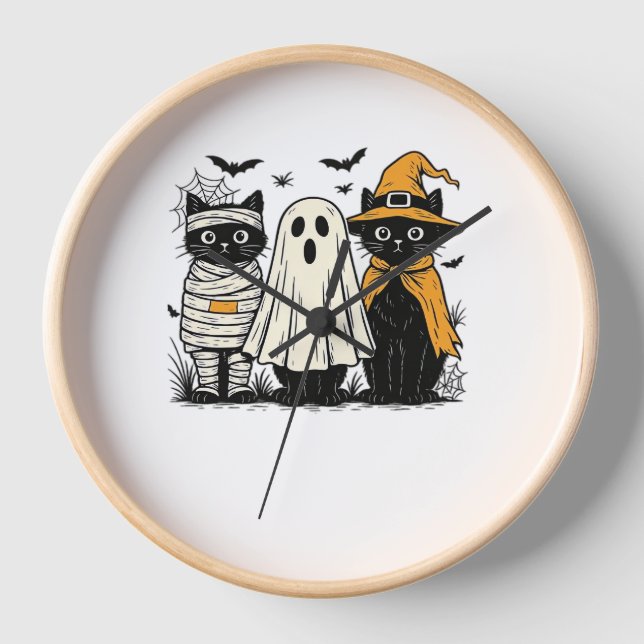 Horloge Chats noirs en costumes d'Halloween - Ghost, Witch (Recto)